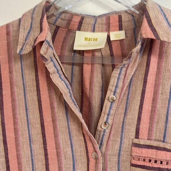 Maeve Small | Linen Cotton Button Down | Striped Pink Peach Blue | Anthropologie - Picture 2 of 10